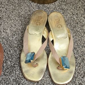 Vintage D&G Gold Slide Sandals with Elegant Blue Gem Design Summer Shoes